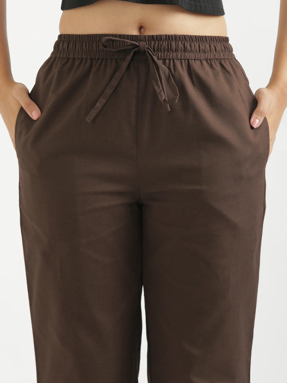 Women Dark Brown Airy Linen Relaxed Straight Pant