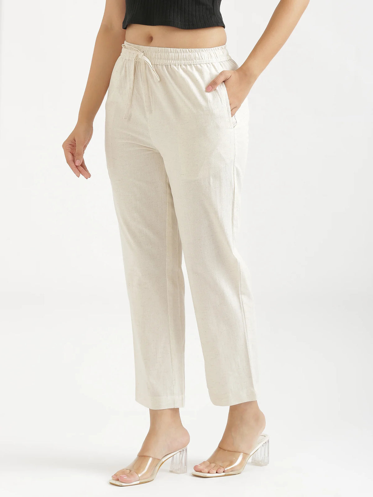 Women Ecru Airy Linen Relaxed Straight Pant