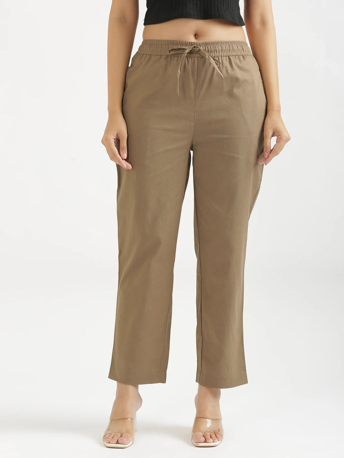 Women Khakhi Airy Linen Relaxed Straight Pant