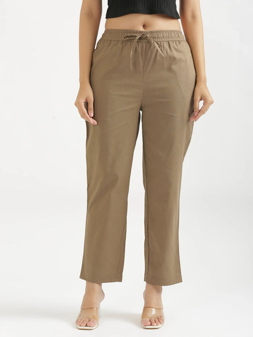 Women Khakhi Airy Linen Relaxed Straight Pant