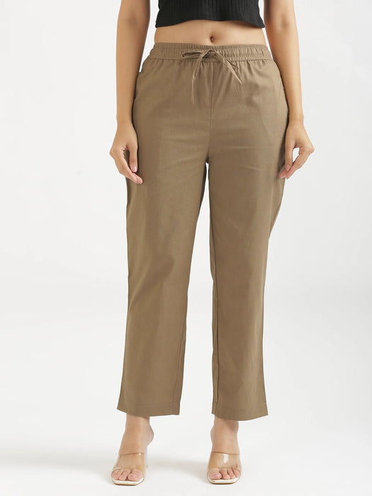 Women Khakhi Airy Linen Relaxed Straight Pant
