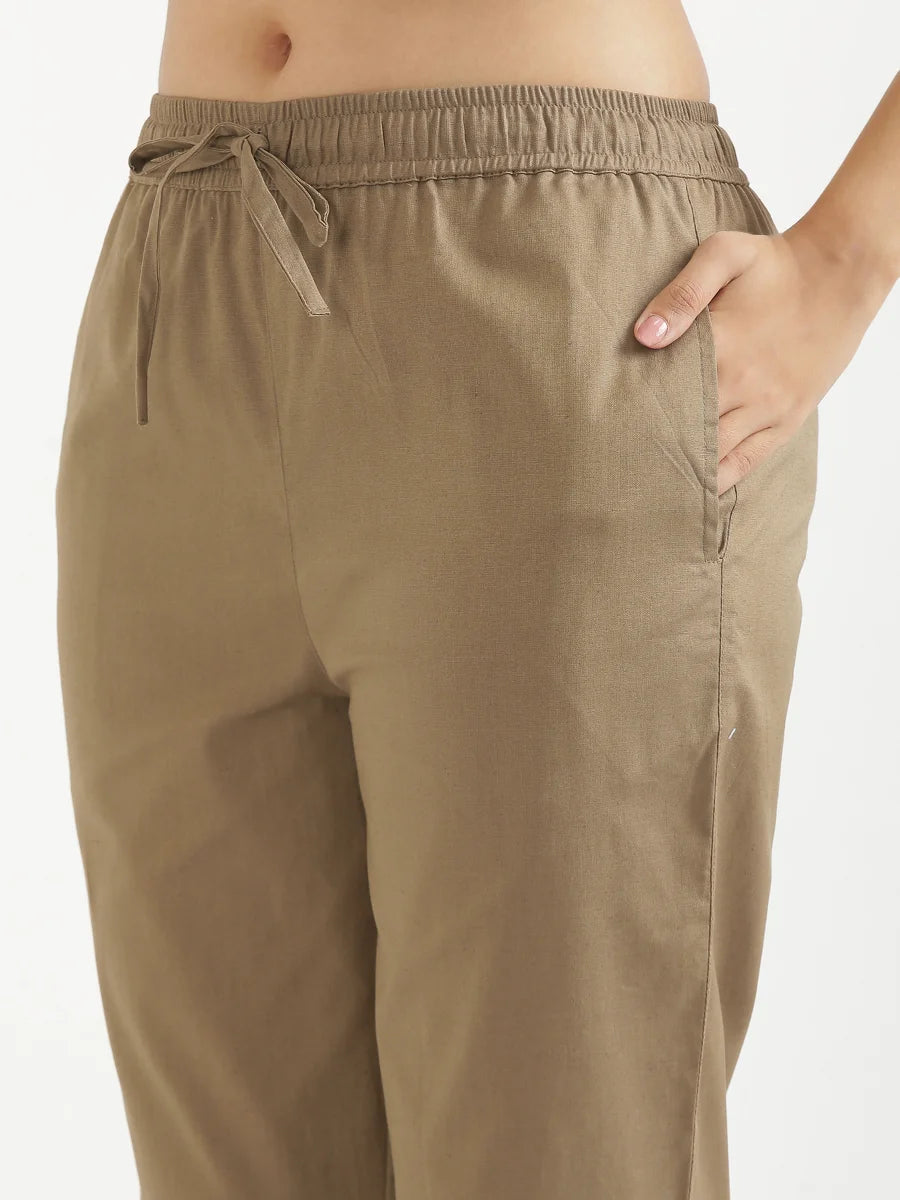 Women Khakhi Airy Linen Relaxed Straight Pant