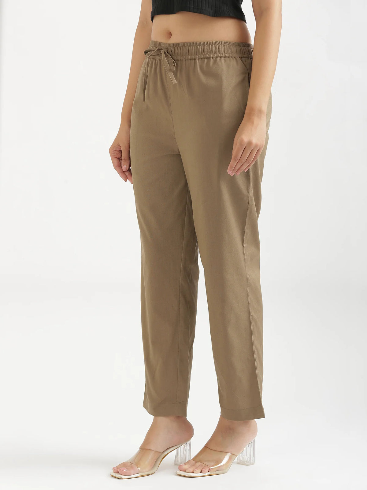 Women Khakhi Airy Linen Relaxed Straight Pant