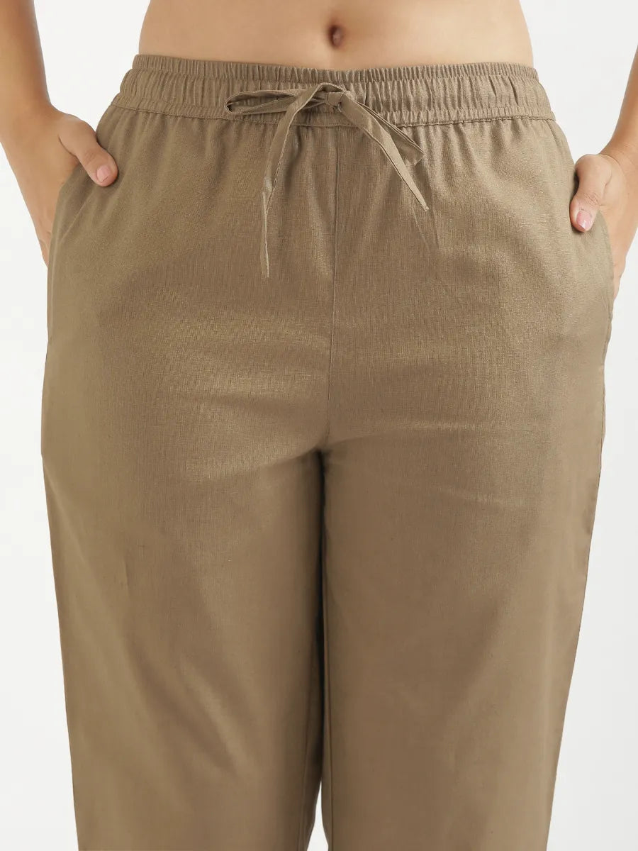 Women Khakhi Airy Linen Relaxed Straight Pant