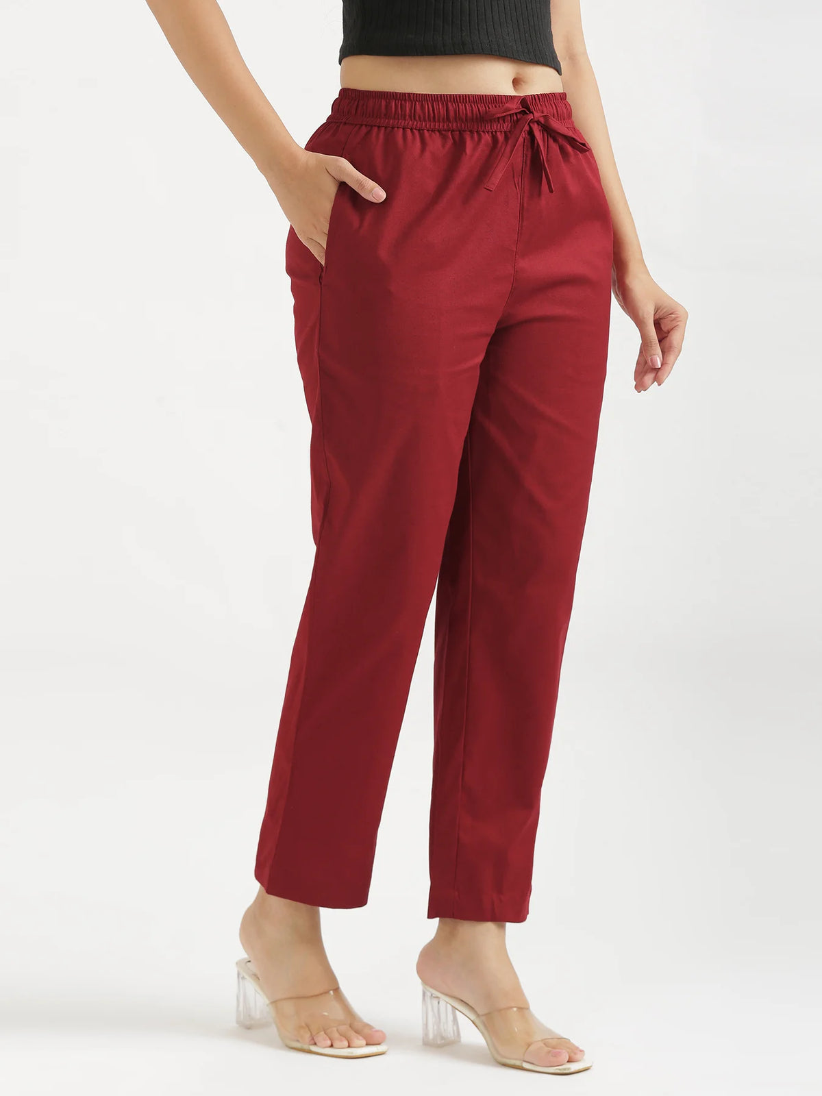 Women Maroon Airy Linen Relaxed Straight Pant