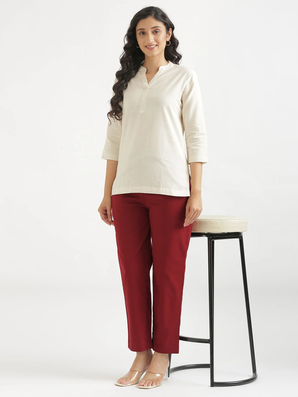 Women Maroon Airy Linen Relaxed Straight Pant