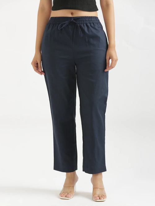 Women Navy Blue Airy Linen Relaxed Straight Pant