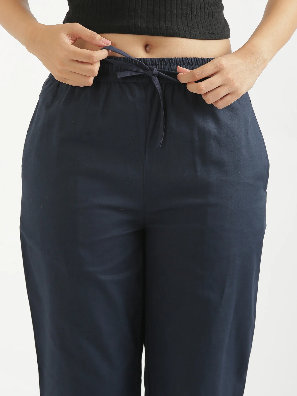 Women Navy Blue Airy Linen Relaxed Straight Pant