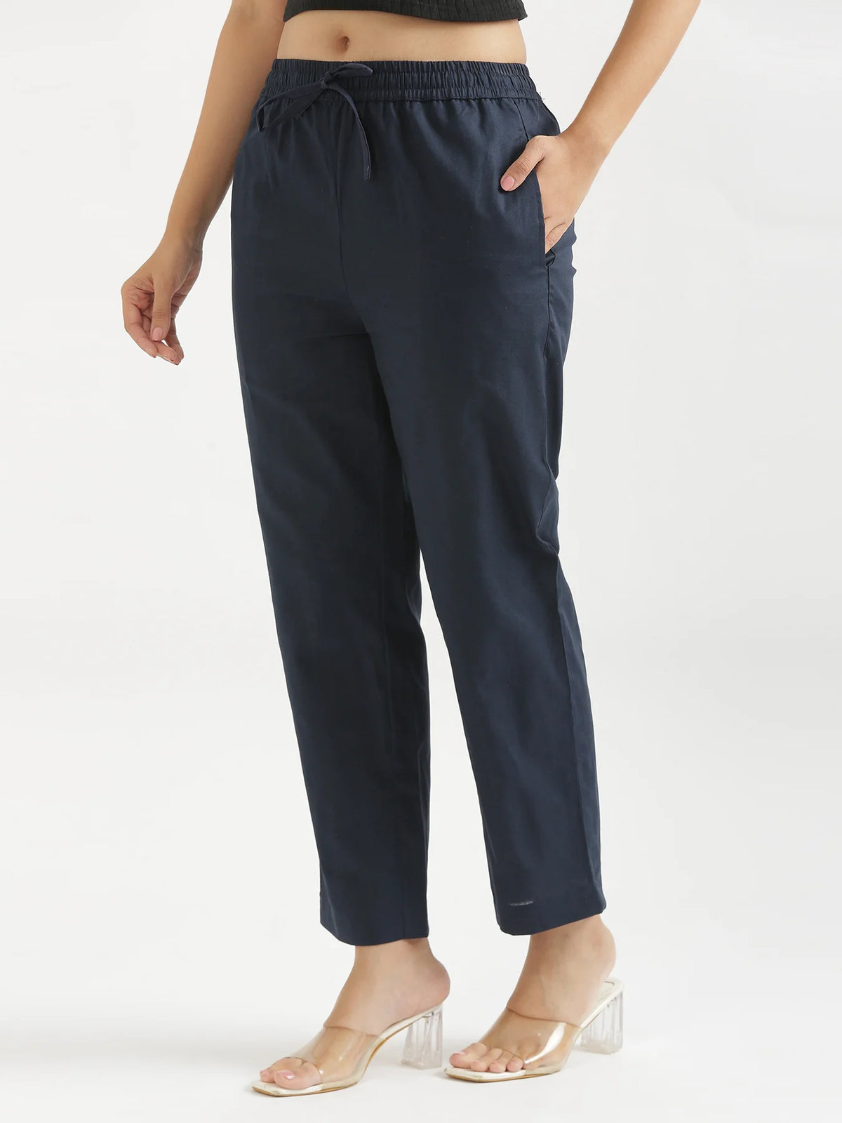 Women Navy Blue Airy Linen Relaxed Straight Pant