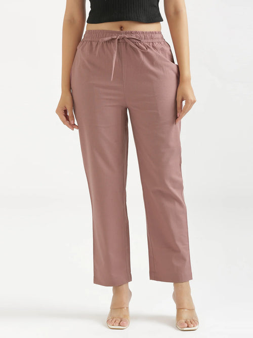 Women Rose Taupe Airy Linen Relaxed Straight Pant