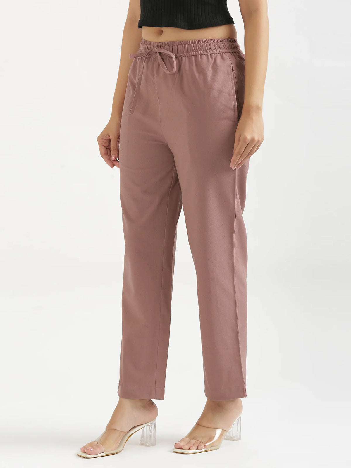 Women Rose Taupe Airy Linen Relaxed Straight Pant
