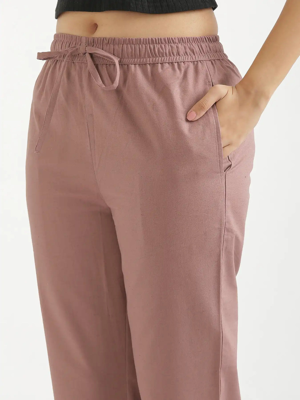 Women Rose Taupe Airy Linen Relaxed Straight Pant