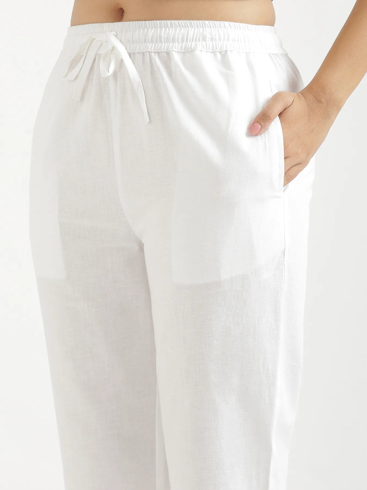 Women White Airy Linen Relaxed Straight Pant