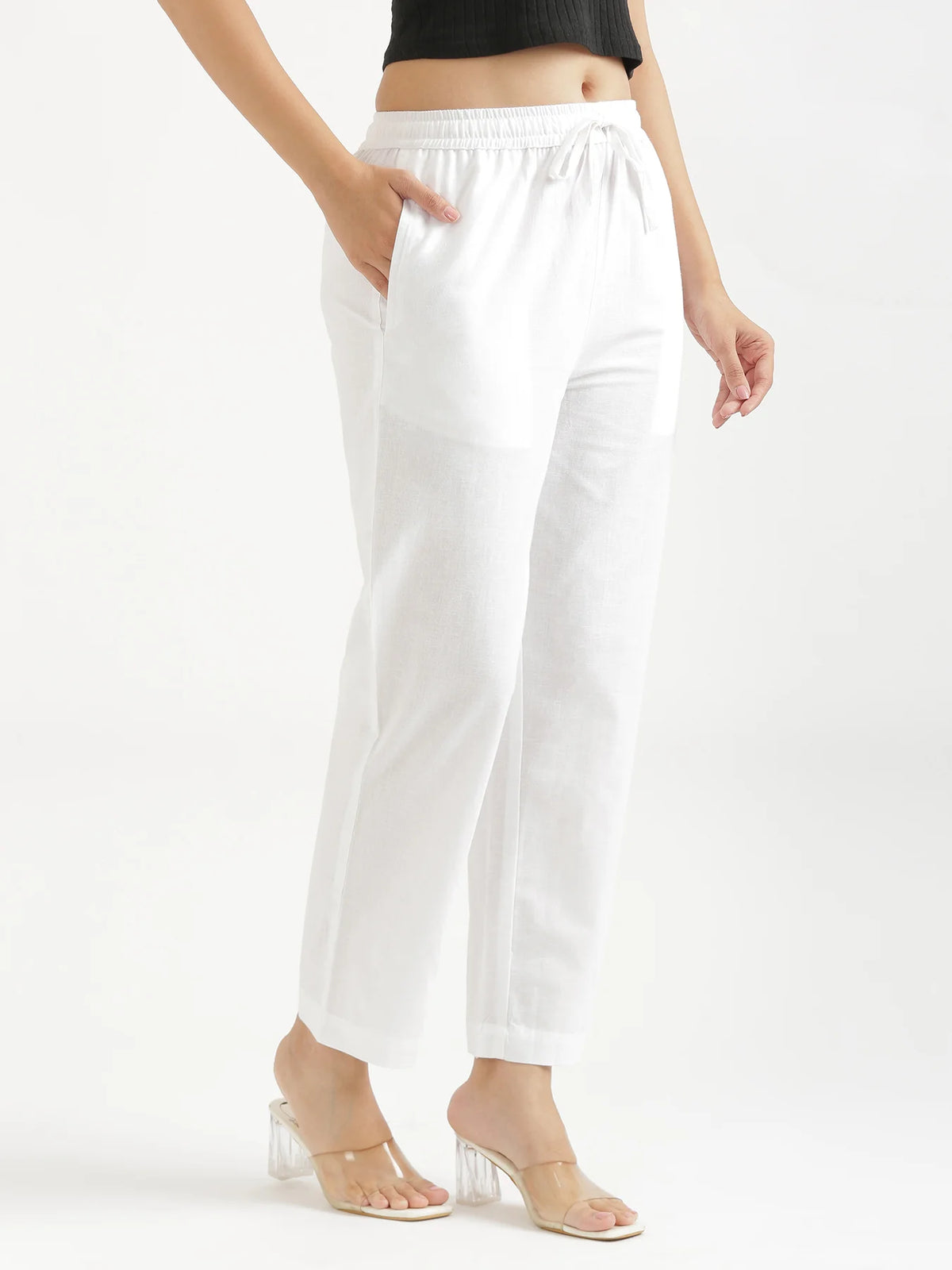 Women White Airy Linen Relaxed Straight Pant