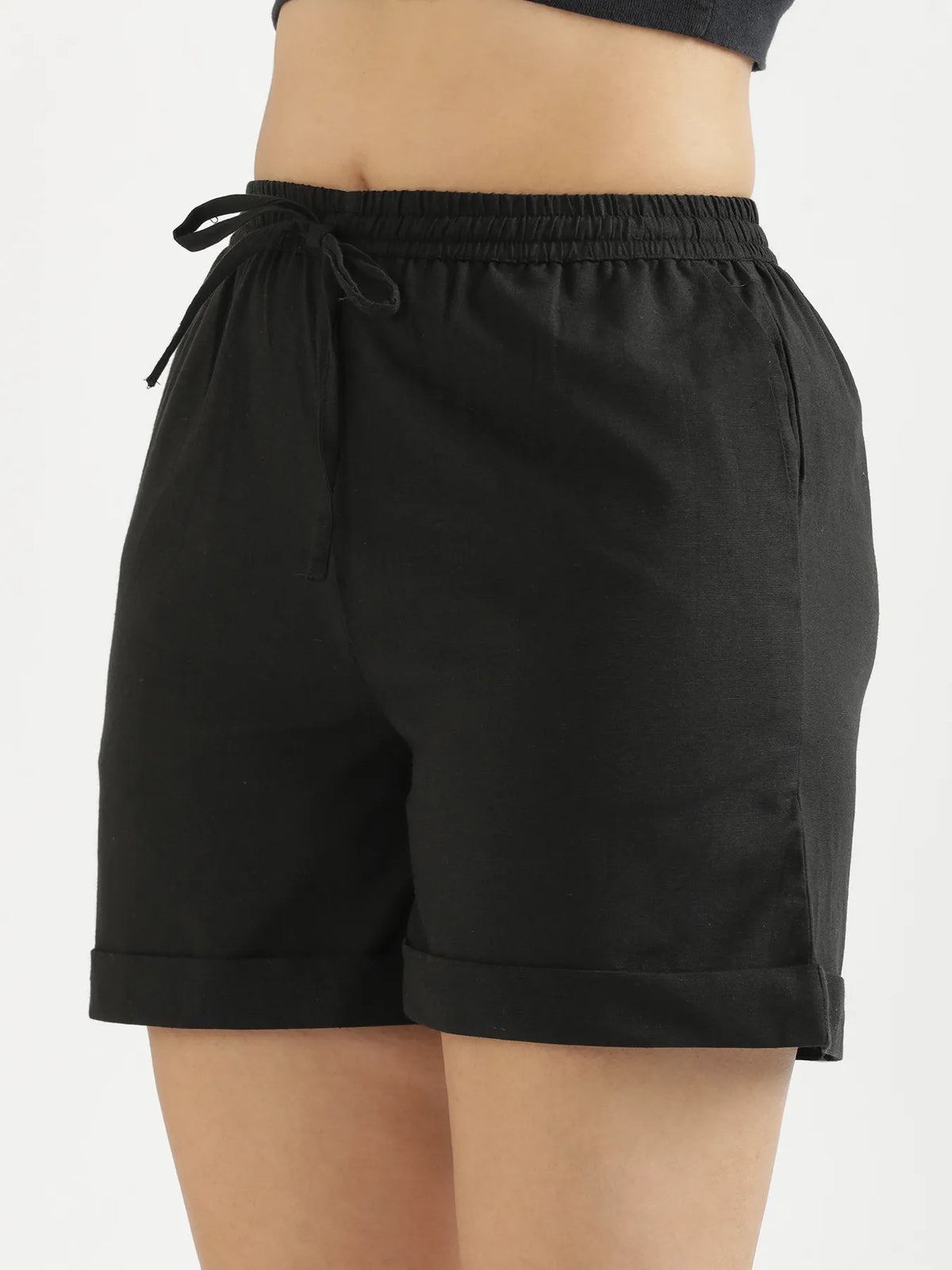 Women Black Airy Linen Shorts