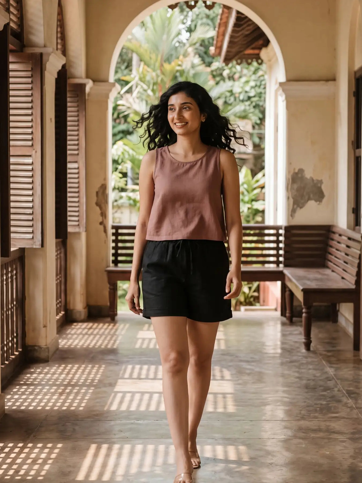 Women Black Airy Linen Shorts