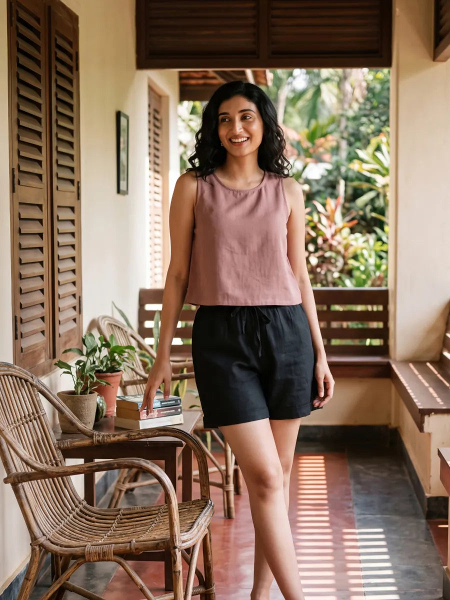 Women Black Airy Linen Shorts