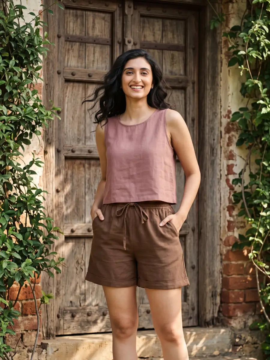 Women Dark Brown Airy Linen Shorts