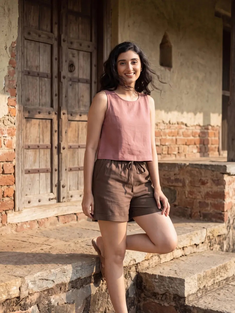 Women Dark Brown Airy Linen Shorts