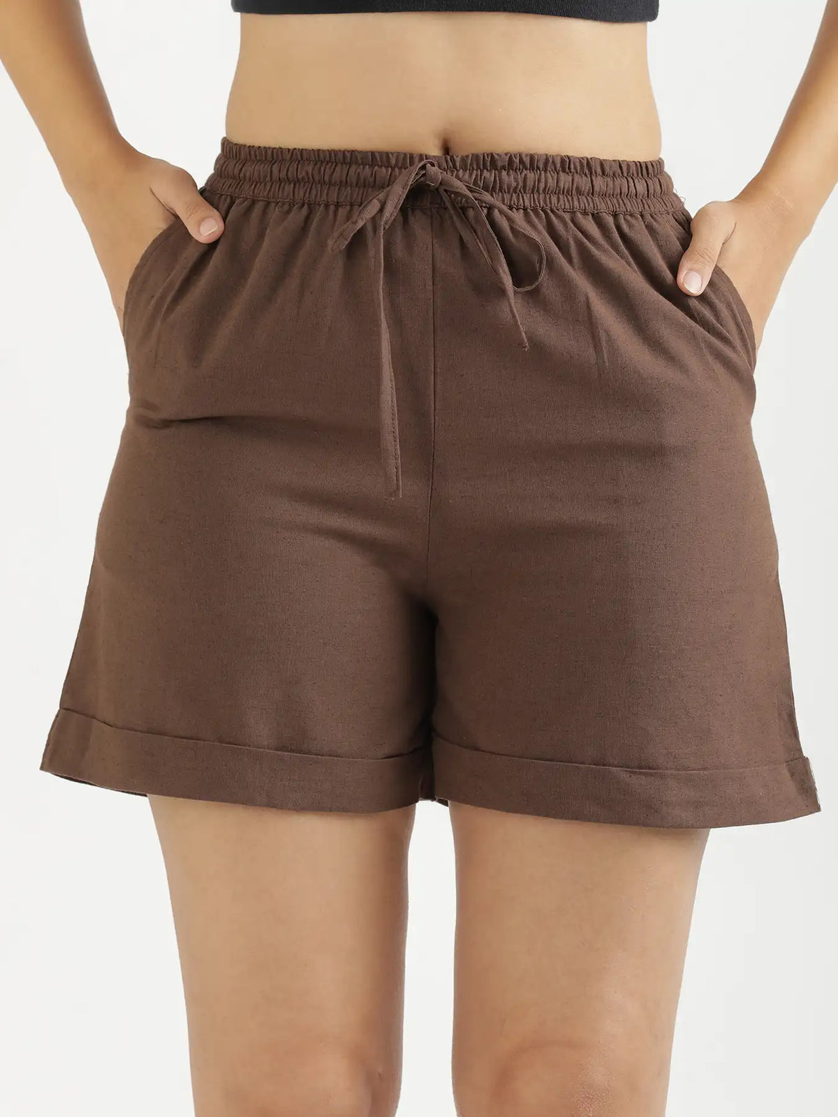Women Dark Brown Airy Linen Shorts