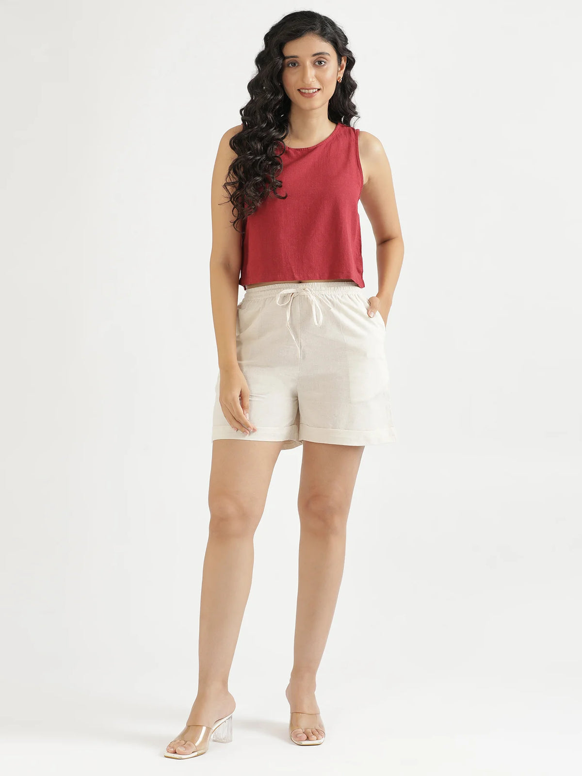 Women Ecru Airy Linen Shorts
