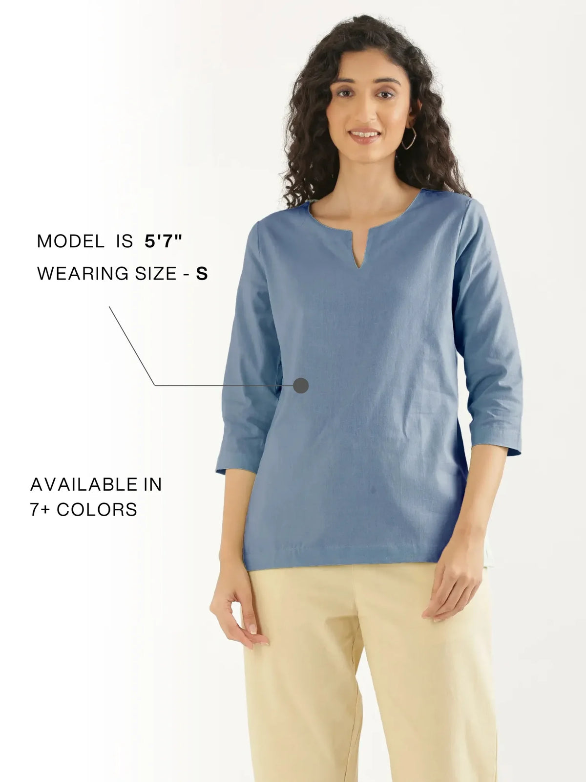 Women English Blue Airy Linen Split Neck Short Kurta
