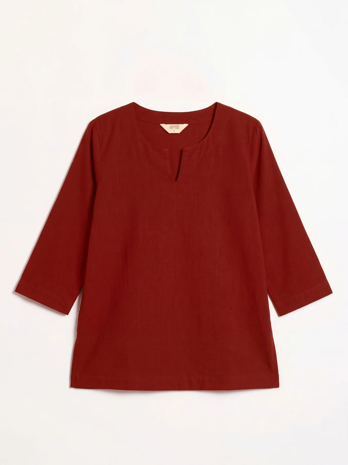 Women Maroon Airy Linen Split Neck Short Kurta
