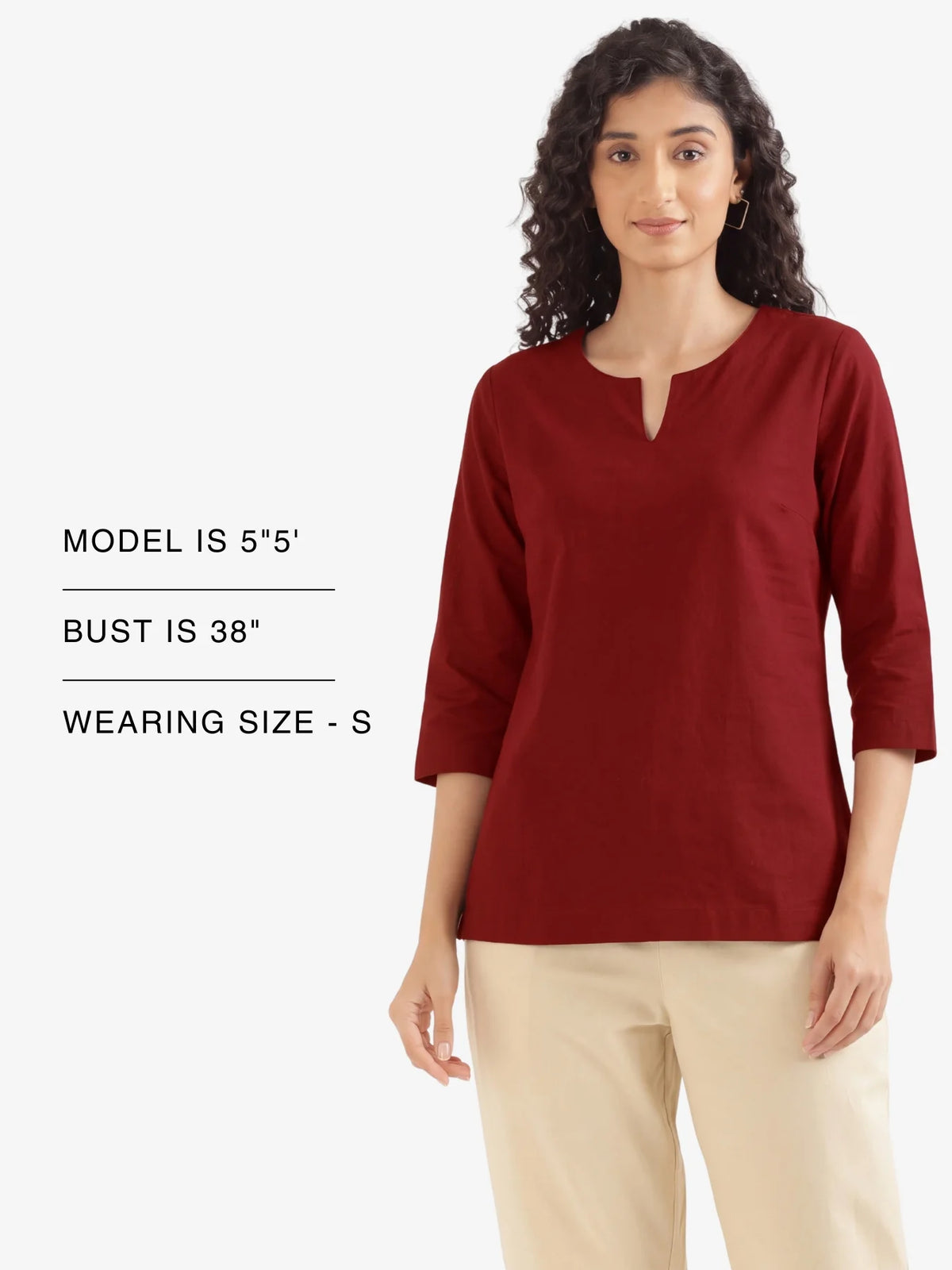 Women Maroon Airy Linen Split Neck Short Kurta