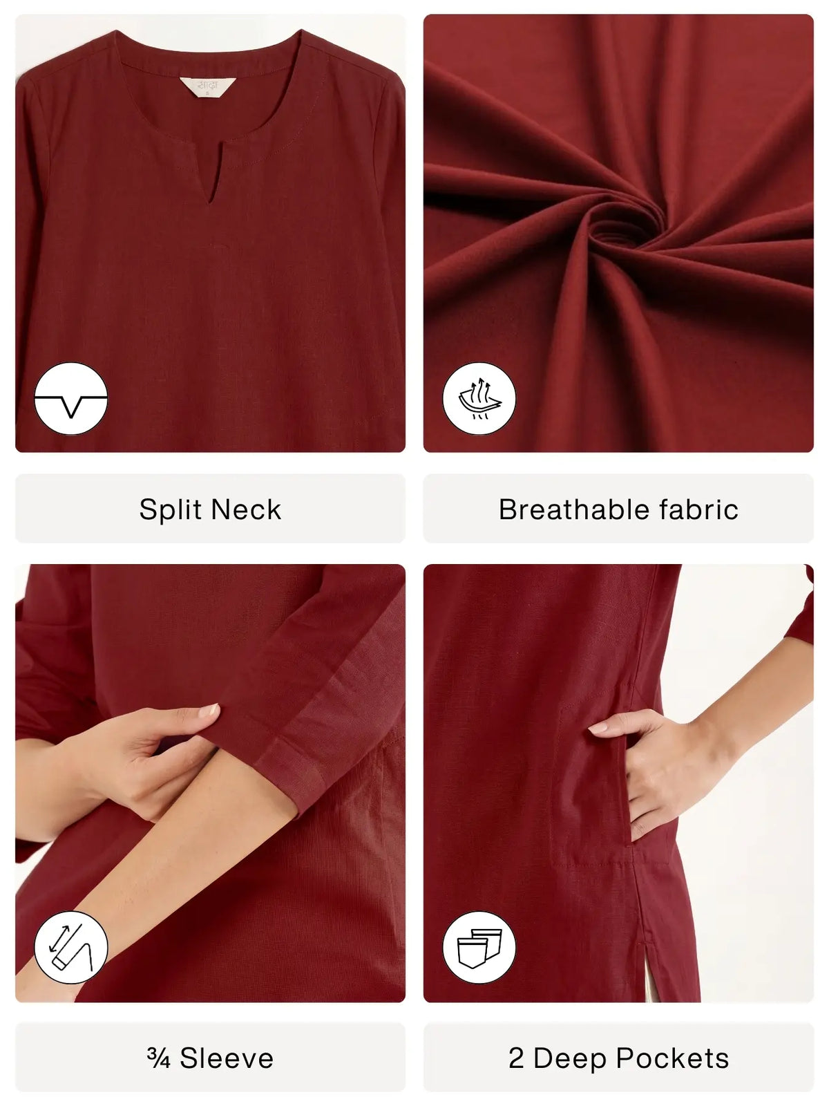 Women Maroon Airy Linen Split Neck Short Kurta