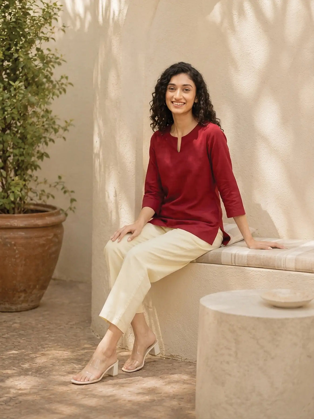 Women Maroon Airy Linen Split Neck Short Kurta