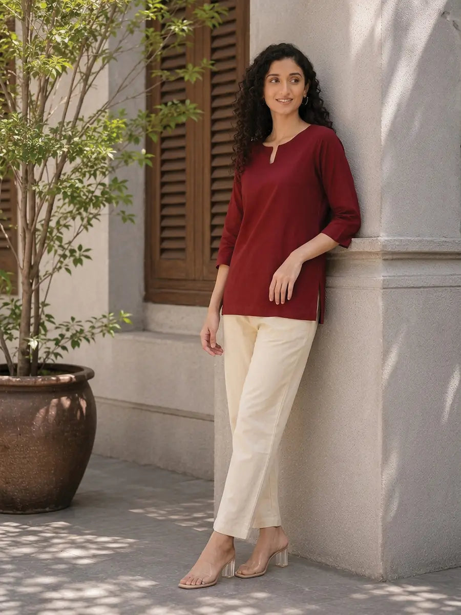 Women Maroon Airy Linen Split Neck Short Kurta