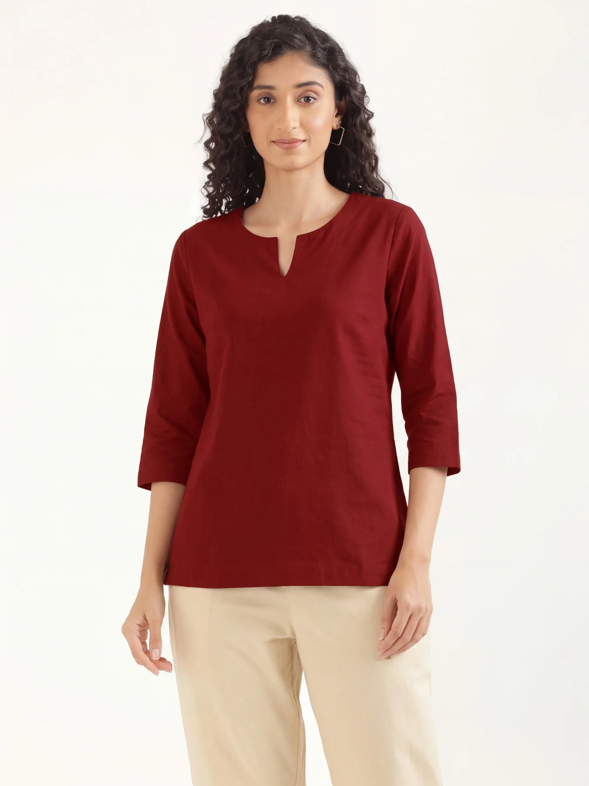 Women Maroon Airy Linen Split Neck Short Kurta