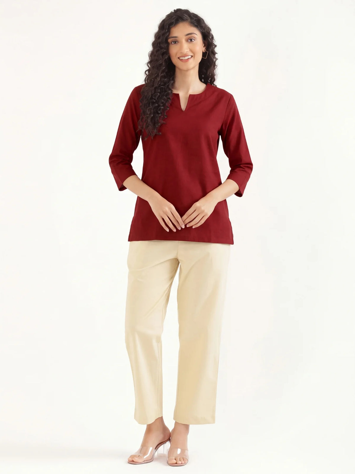 Women Maroon Airy Linen Split Neck Short Kurta