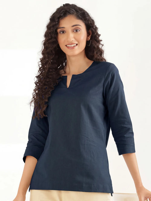 Women Navy Blue Airy Linen Split Neck Short Kurta