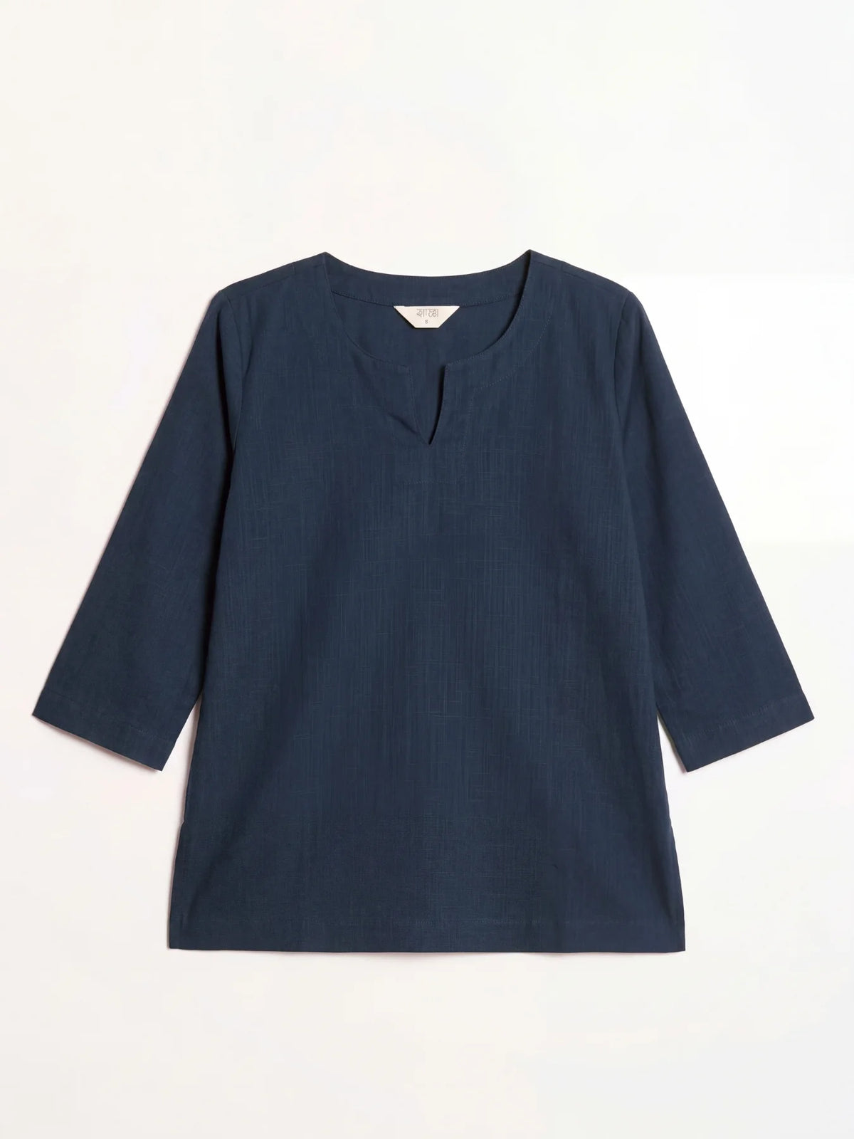 Women Navy Blue Airy Linen Split Neck Short Kurta