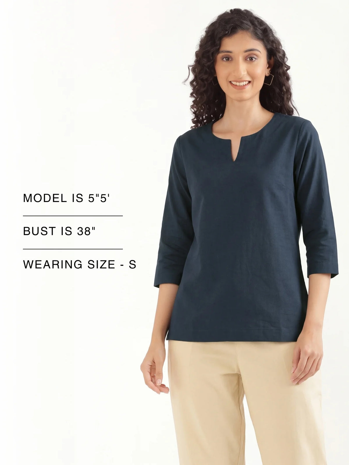 Women Navy Blue Airy Linen Split Neck Short Kurta