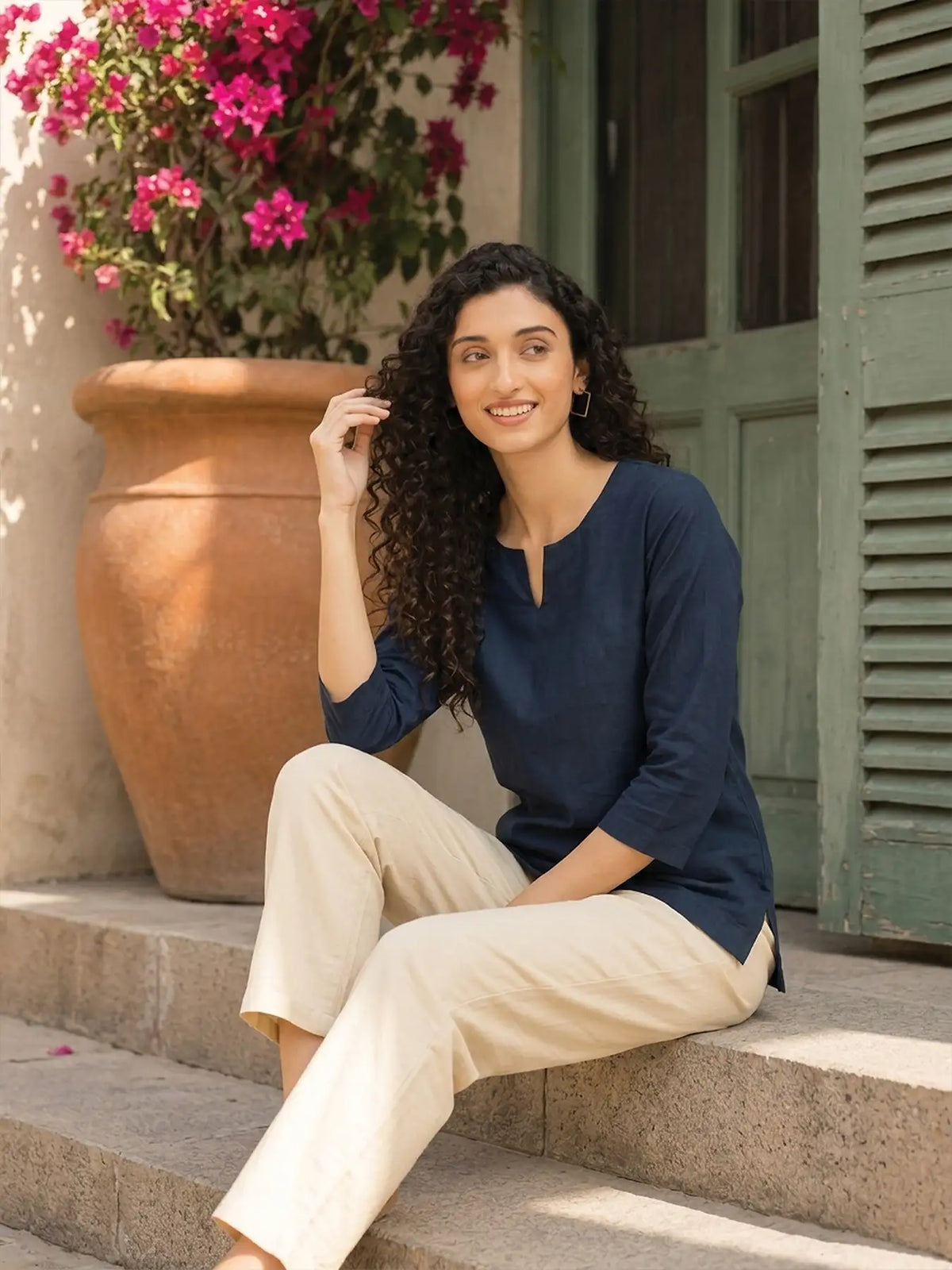 Women Navy Blue Airy Linen Split Neck Short Kurta