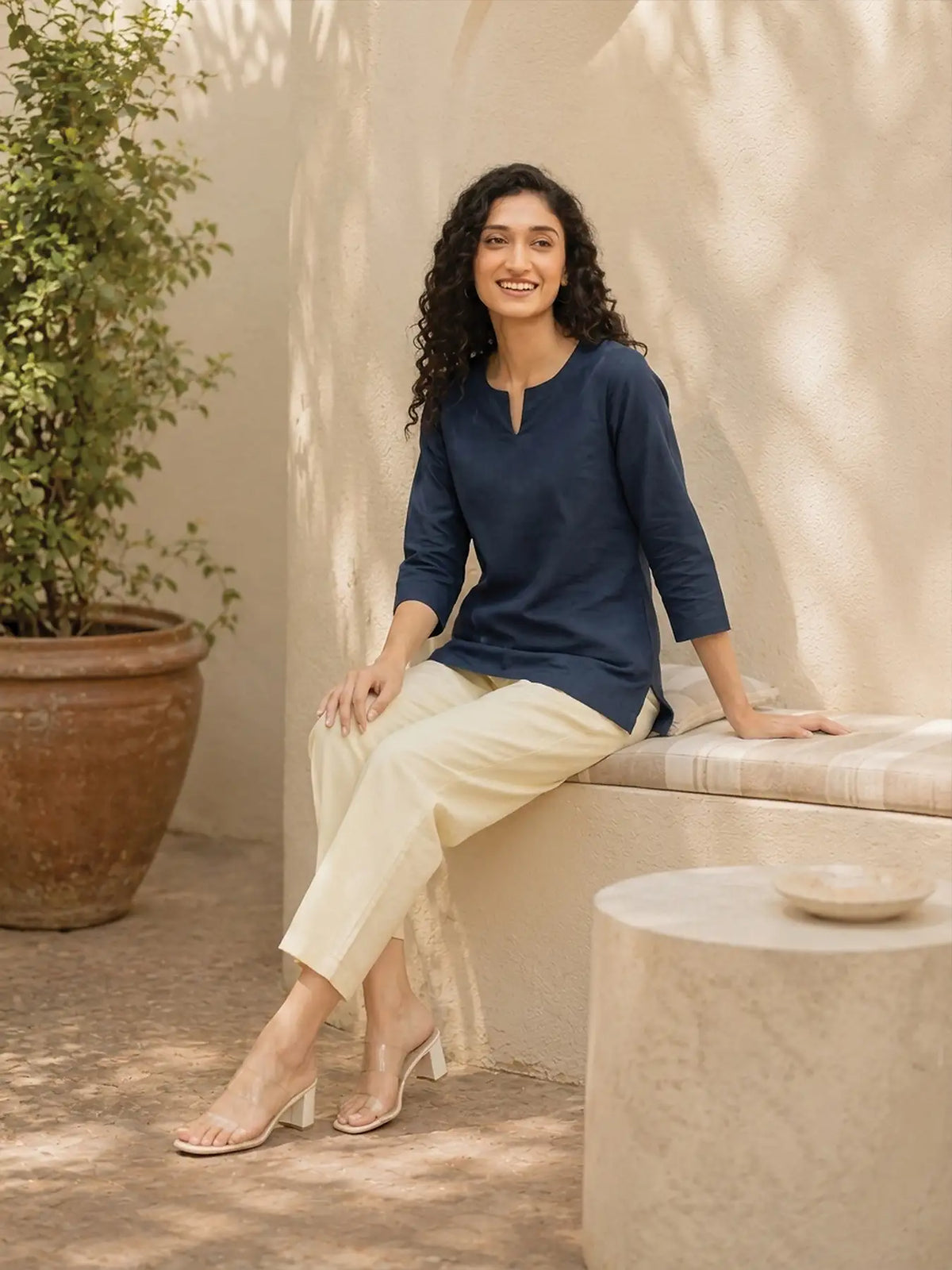 Women Navy Blue Airy Linen Split Neck Short Kurta