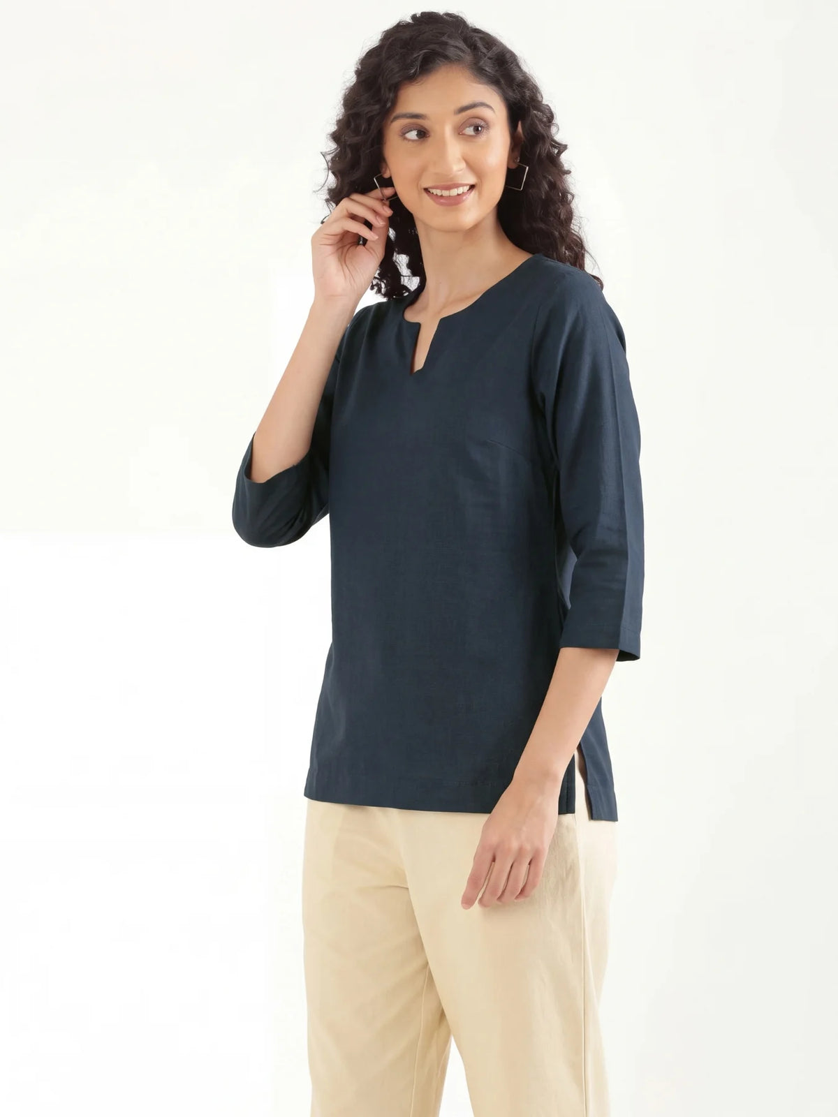 Women Navy Blue Airy Linen Split Neck Short Kurta