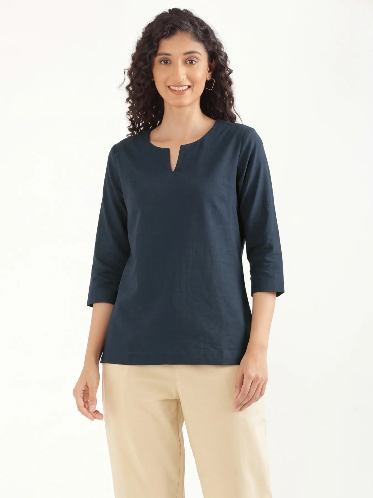 Women Navy Blue Airy Linen Split Neck Short Kurta