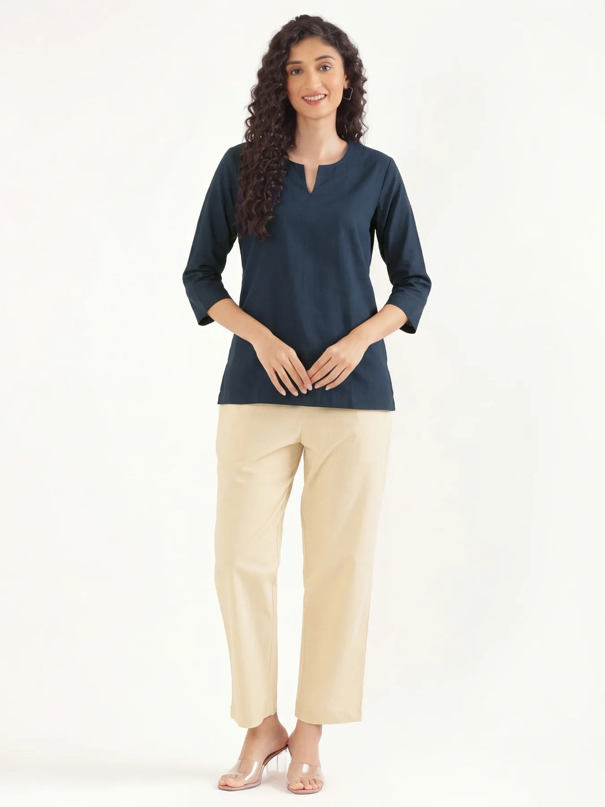 Women Navy Blue Airy Linen Split Neck Short Kurta