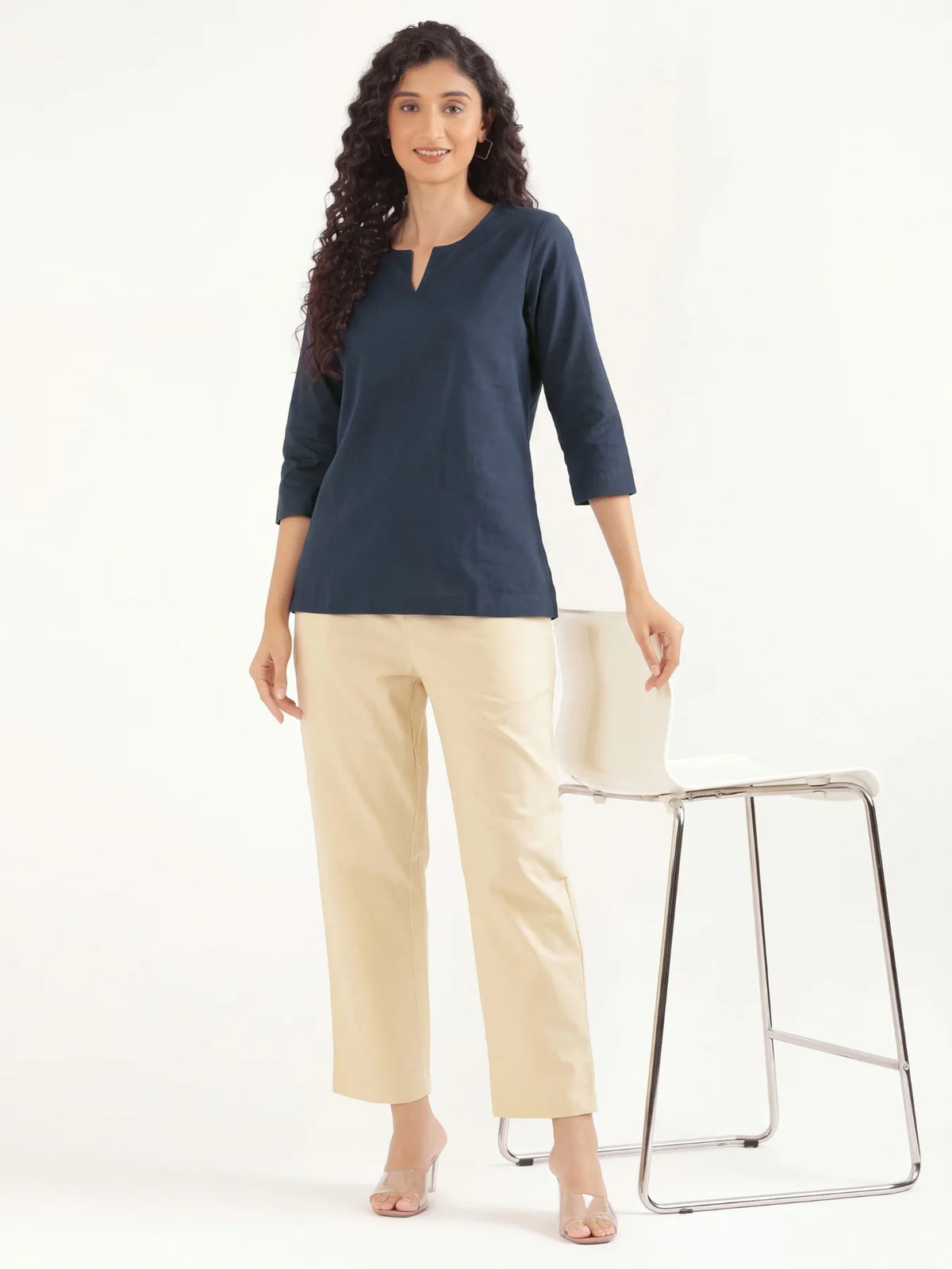 Women Navy Blue Airy Linen Split Neck Short Kurta