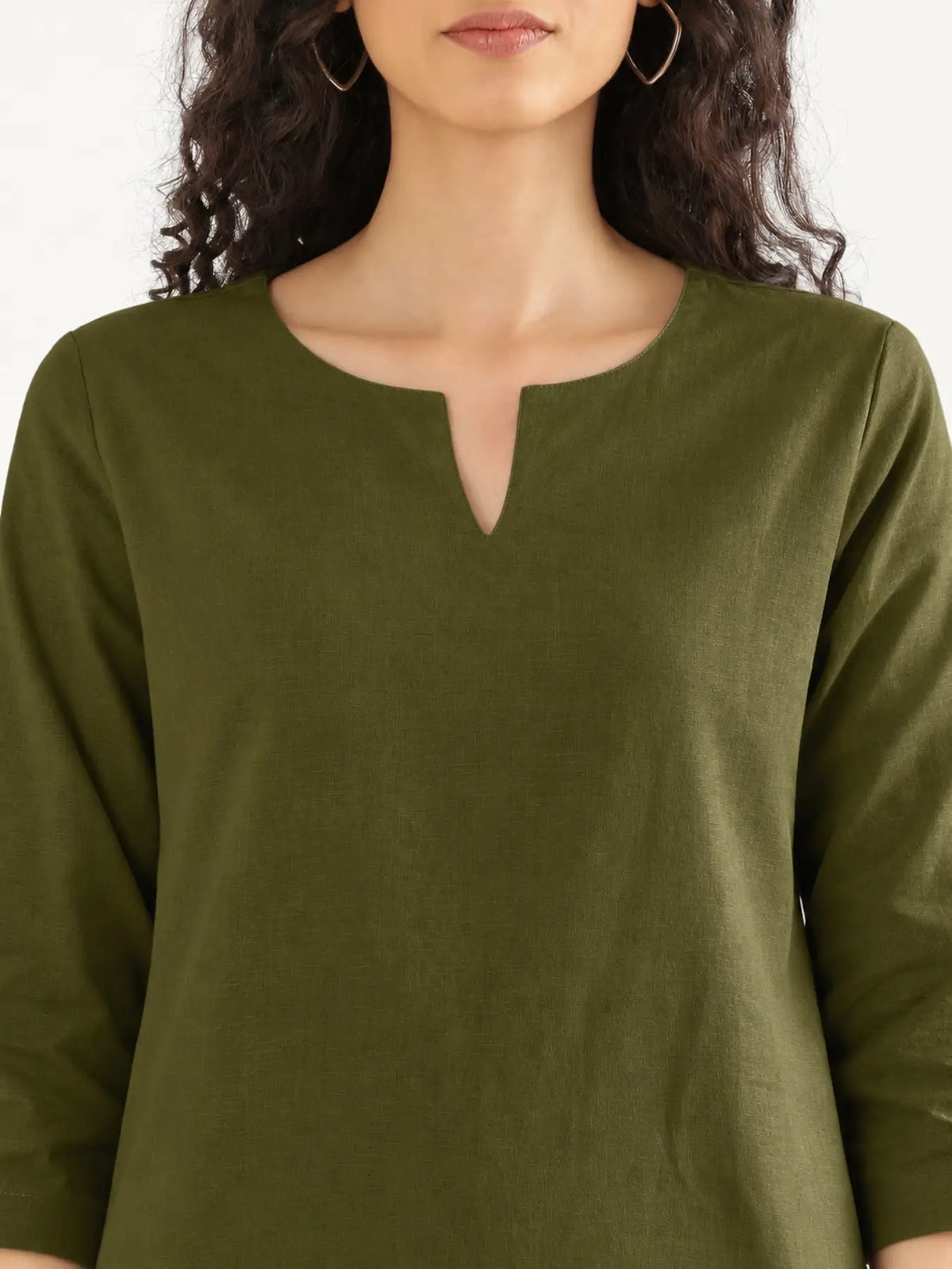 Women Olive Green Airy Linen Split Neck Short Kurta