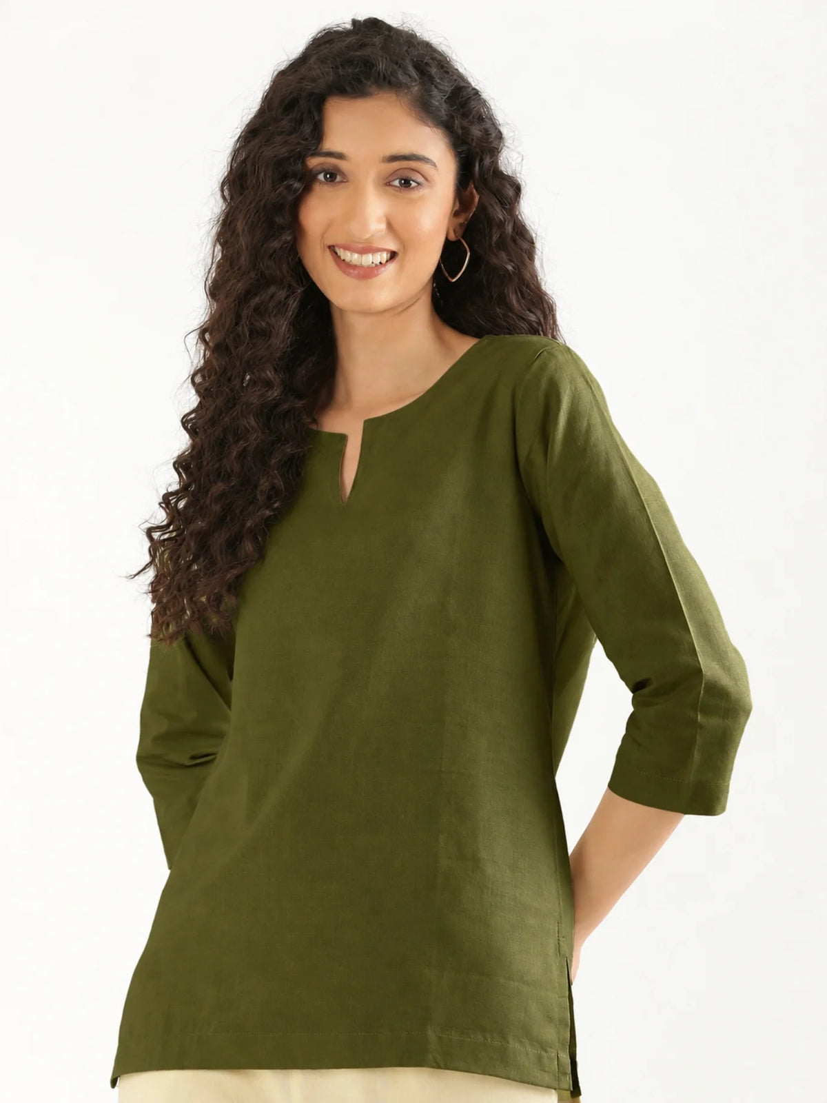 Women Olive Green Airy Linen Split Neck Short Kurta