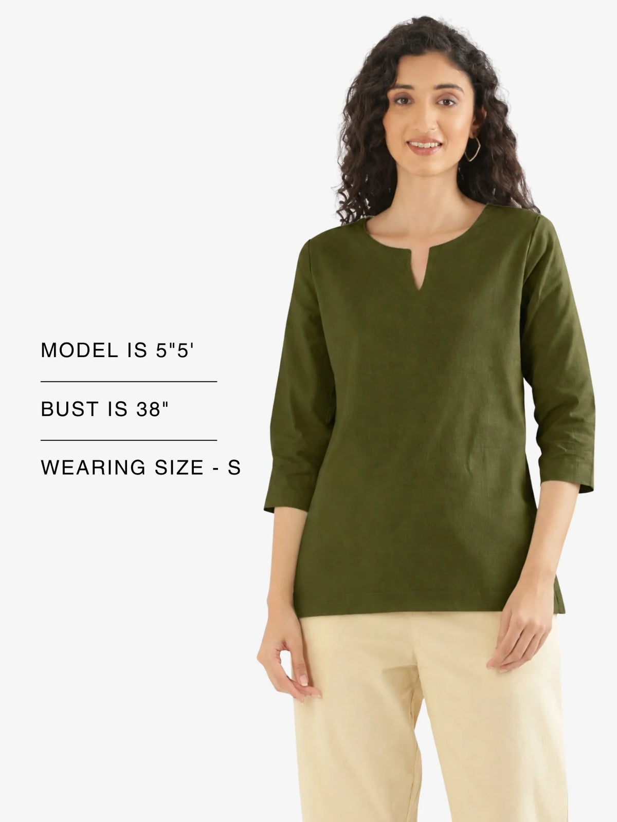 Women Olive Green Airy Linen Split Neck Short Kurta