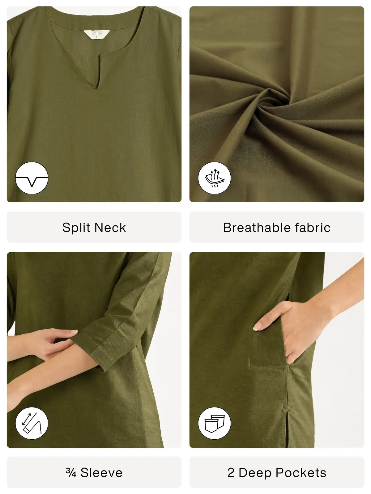 Women Olive Green Airy Linen Split Neck Short Kurta