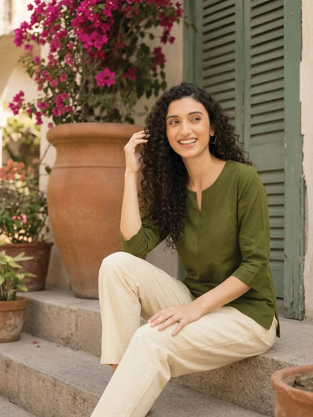 Women Olive Green Airy Linen Split Neck Short Kurta