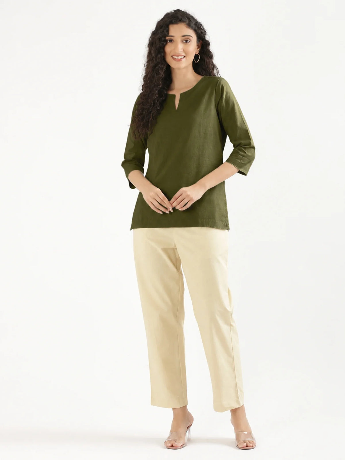 Women Olive Green Airy Linen Split Neck Short Kurta
