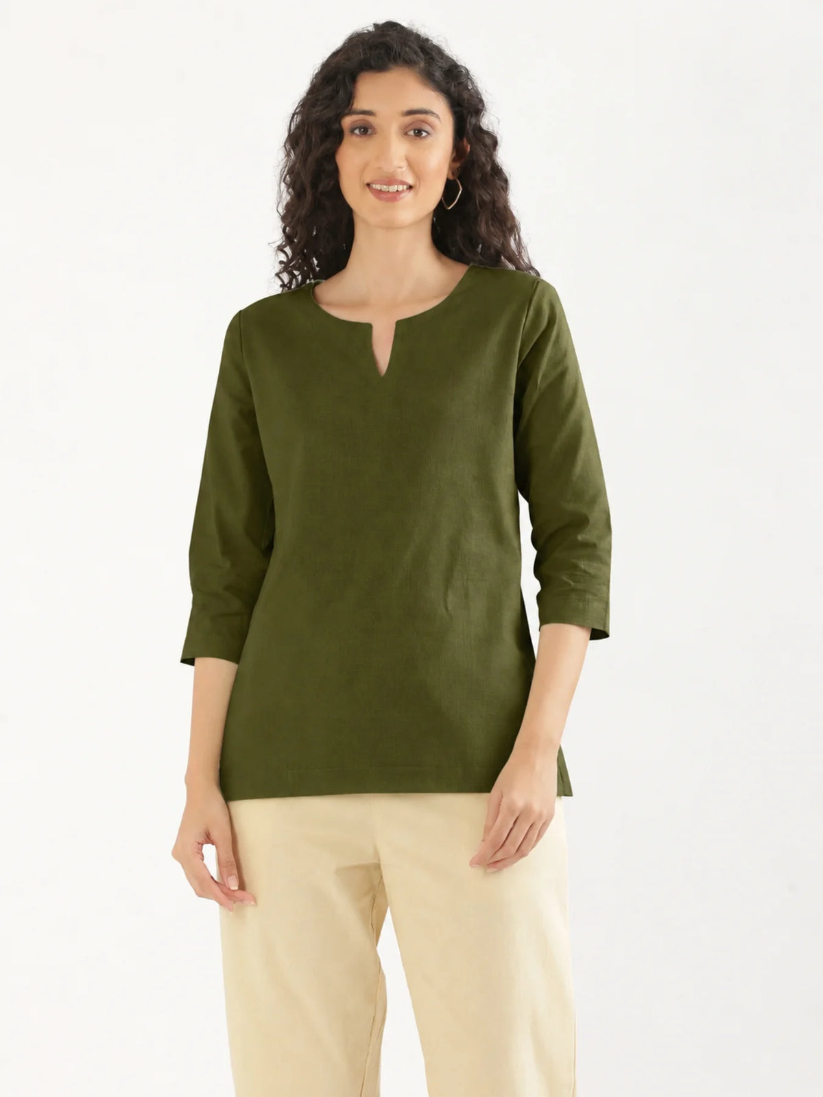 Women Olive Green Airy Linen Split Neck Short Kurta
