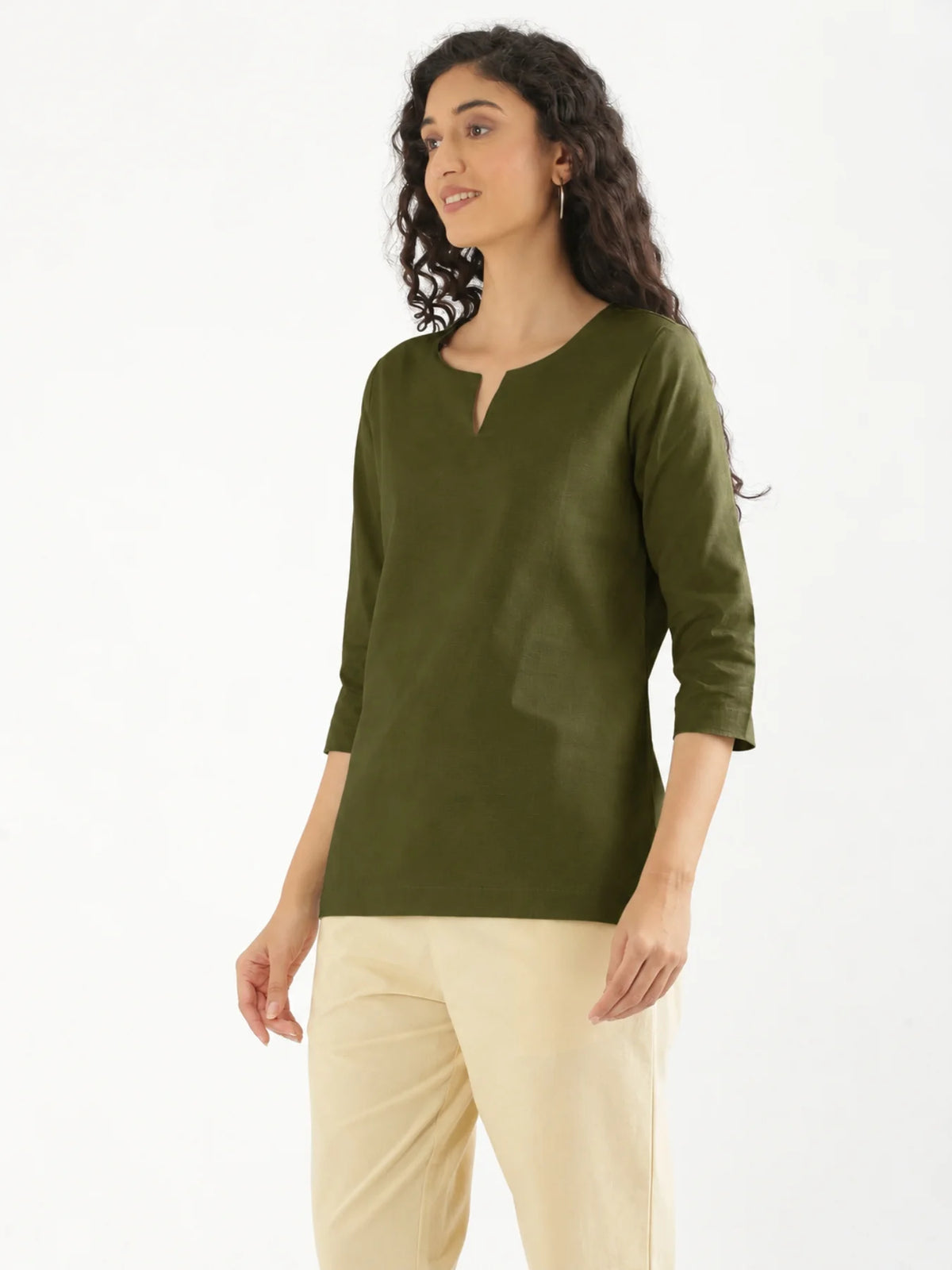 Women Olive Green Airy Linen Split Neck Short Kurta